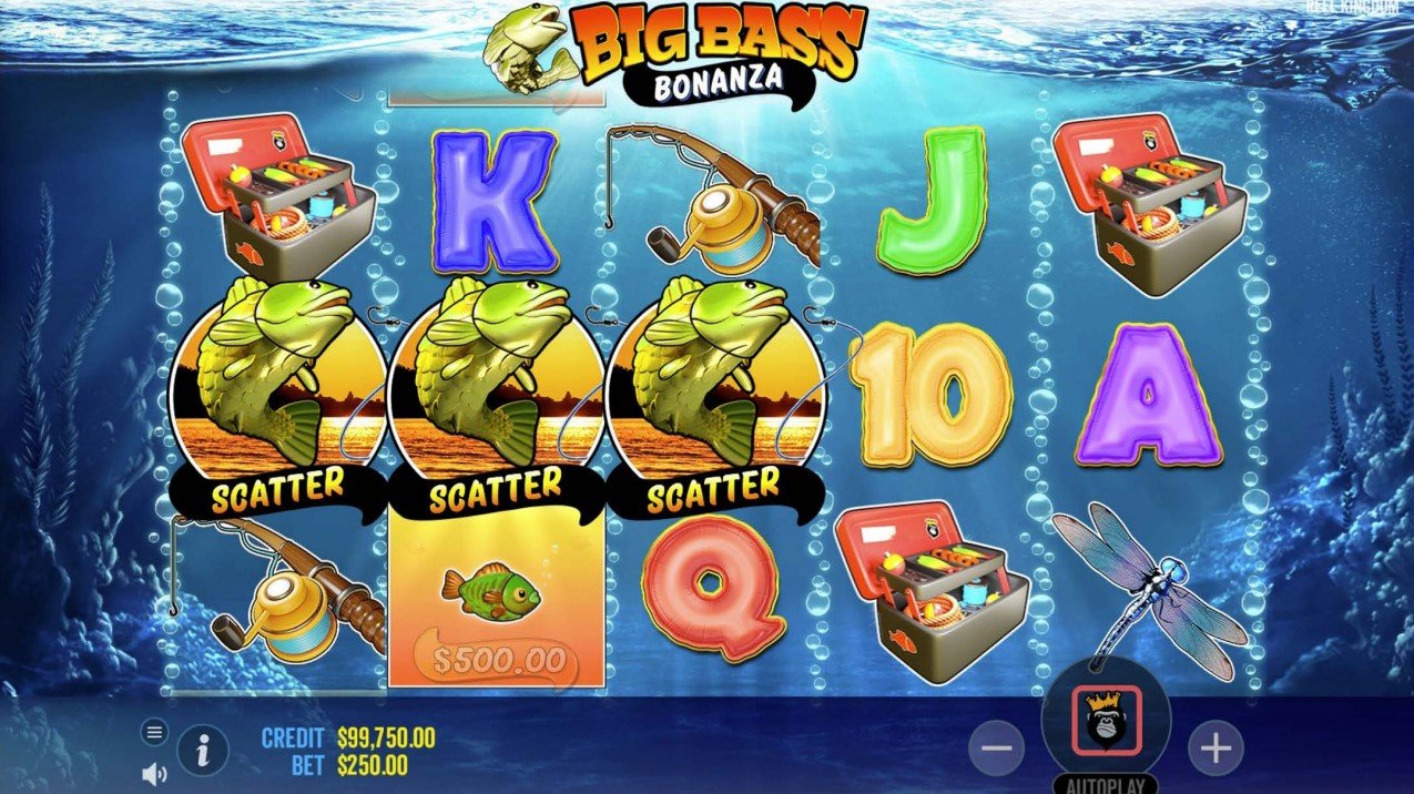 Big Bass Bonanza -pelinäkymä: kolme scatter-symbolia ja rahasymboli keloilla