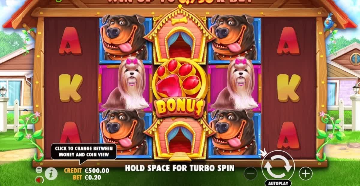 The Dog House -pelinäkymä: koira-symbolit keloilla ja tassu-scatterin bonusmerkki keskellä