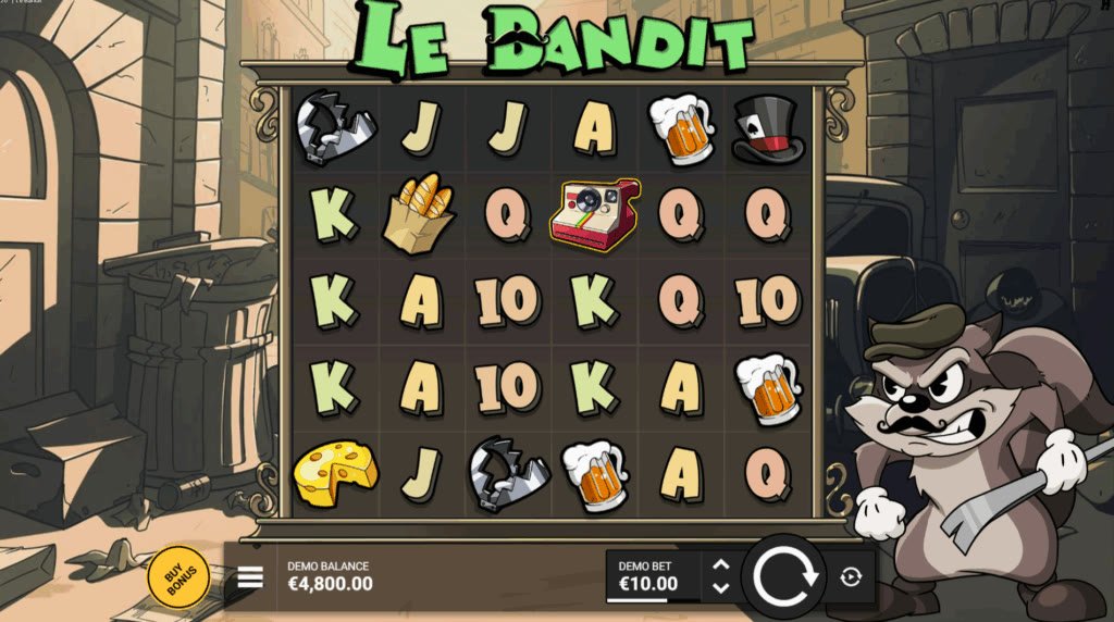 Le Bandit -pelinäkymä: 6×5-ruudukko, Smokey-pesukarhu ja symbolit keloilla