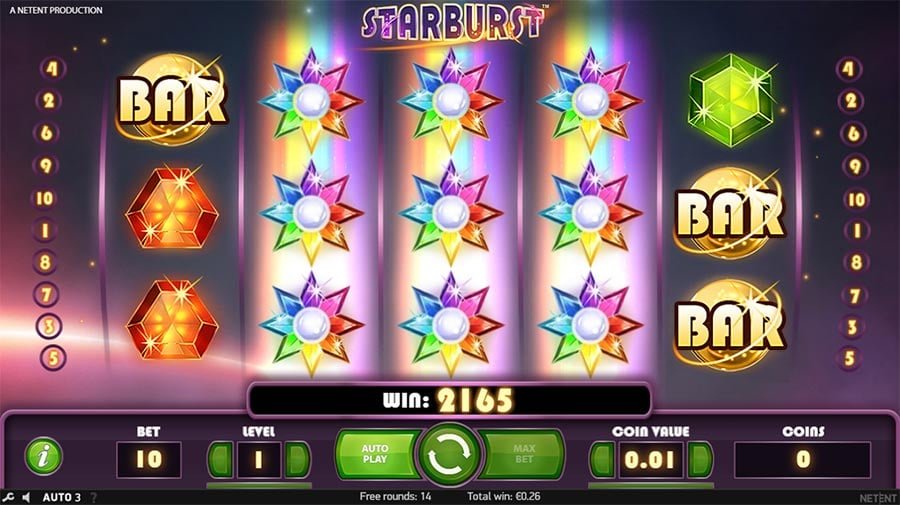 Starburst -pelinäkymä: kolme laajennutta Starburst Wildiä keskikeloilla ja BAR-symbolit