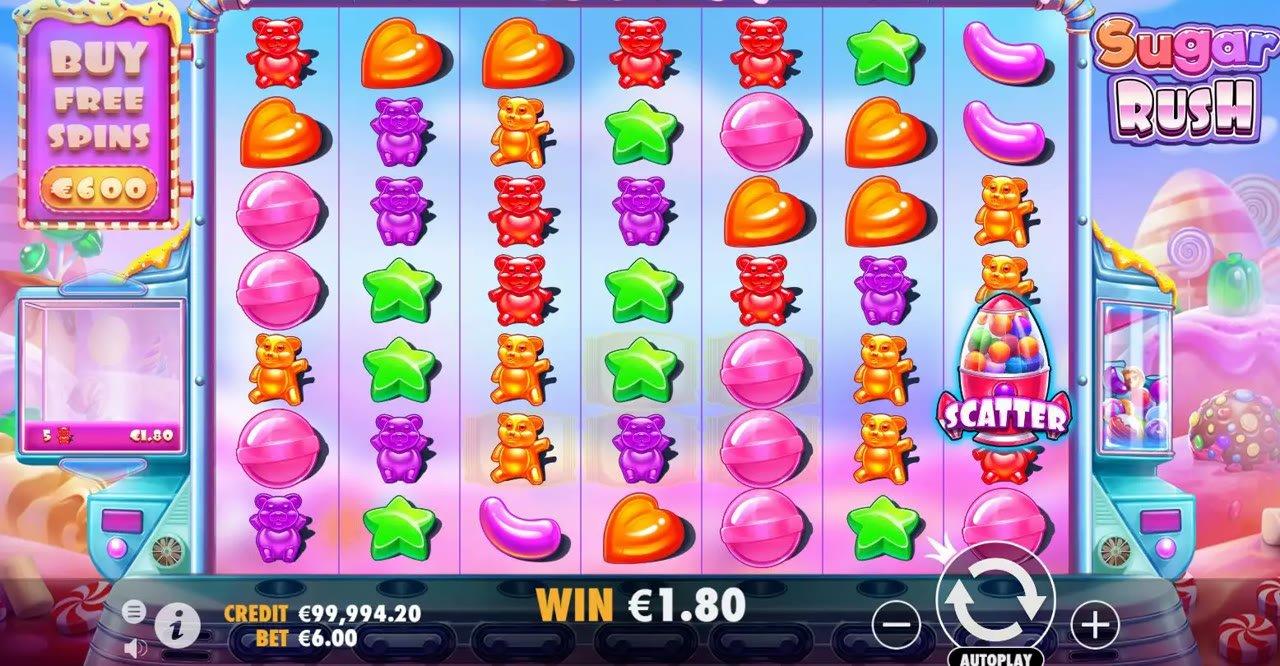Sugar Rush -pelinäkymä: 7×7 karkkiruudukko, scatter-symboli ja osta bonus -painike