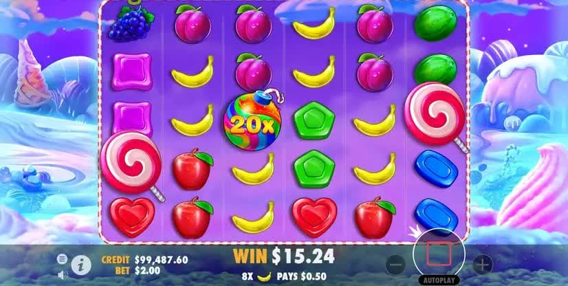 Sweet Bonanza -pelinäkymä: 6×5-ruudukko, tikkari-scatter ja 20× kerroinpommi keloilla